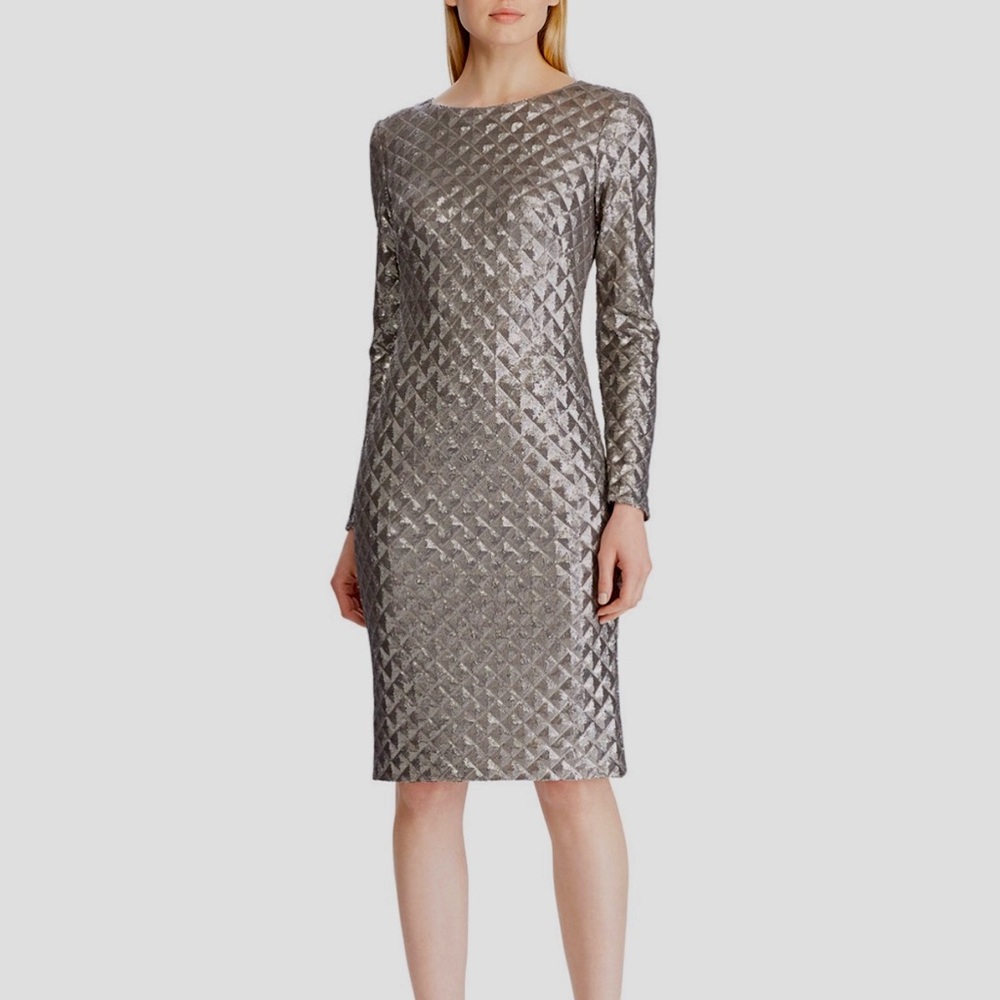 Lauren Ralph Lauren Silver Sheath Midi Dress Long Sleeve
